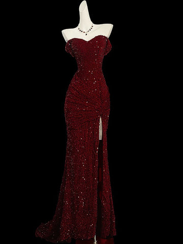Mermaid Sweetheart Red Slit Sequin Long Evening Gowns Prom Dress SD2766 HZ0628